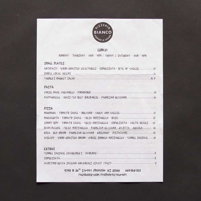 Pizzeria Bianco Menu