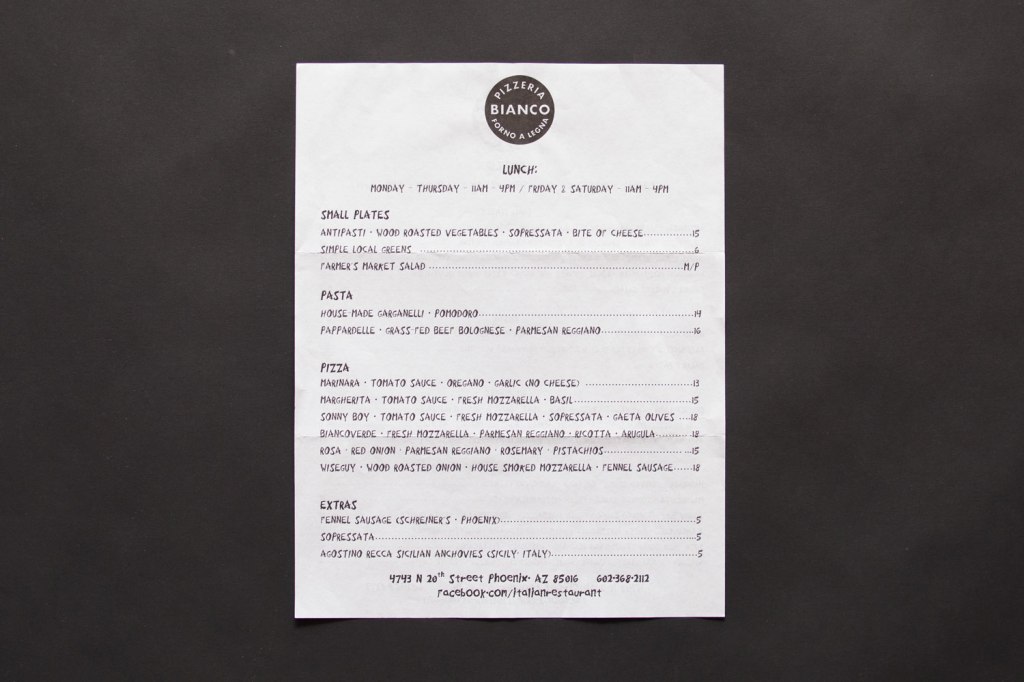 Pizzeria Bianco Menu