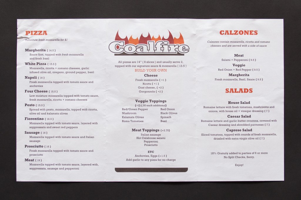 Coalfire Pizza Carry Out Menu