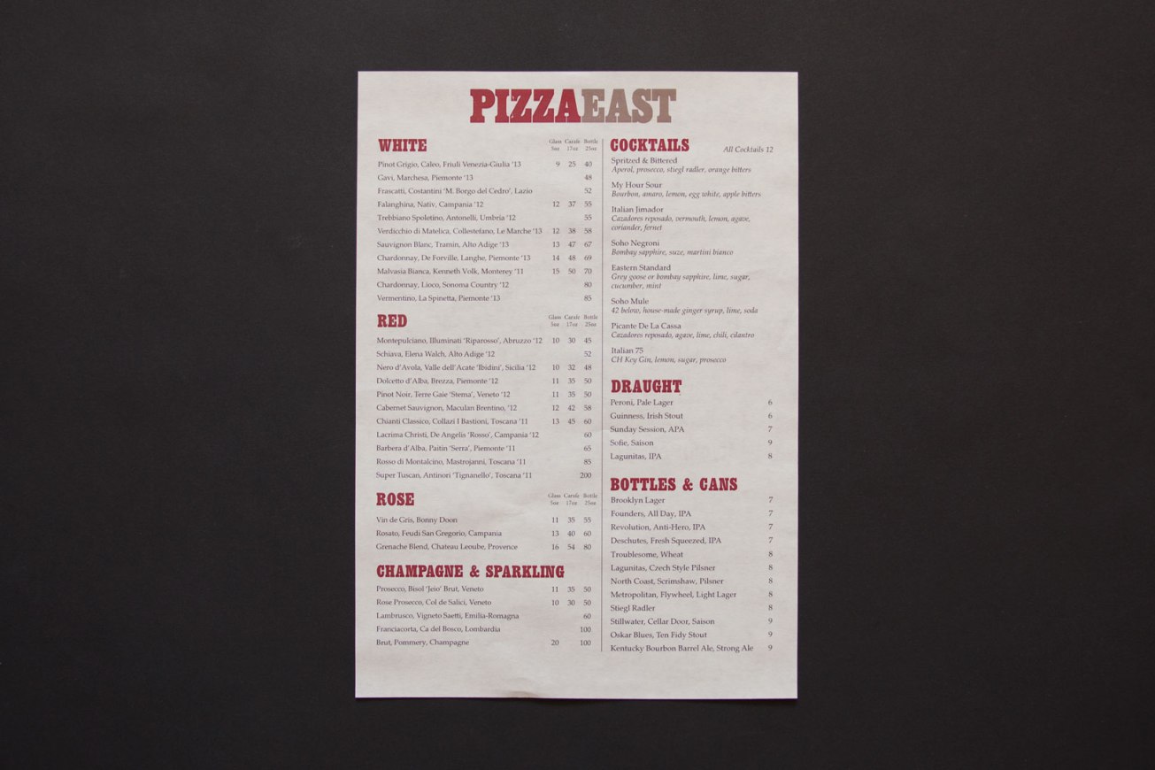 Pizza East Menu