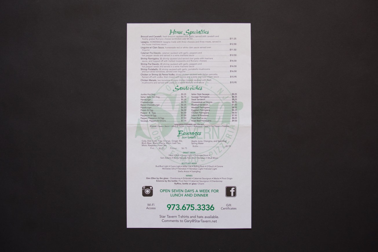 Star Tavern Menu
